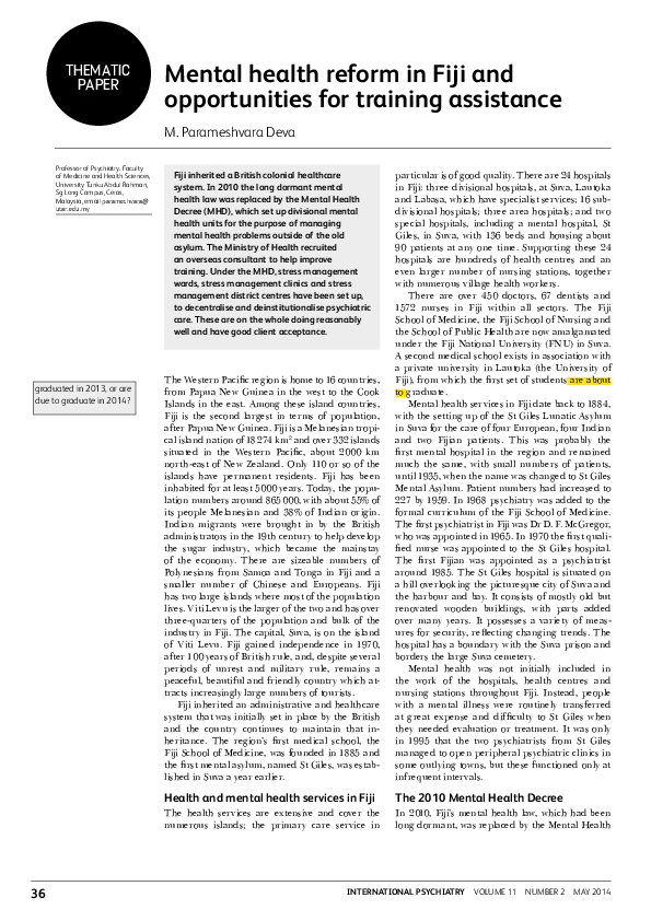 (PDF) Mental health reform in Fiji and opportunities for training