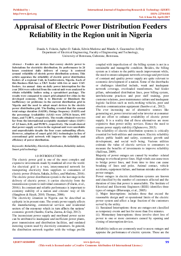 (PDF) Appraisal of Electric Power Distribution Feeders Reliability in ...