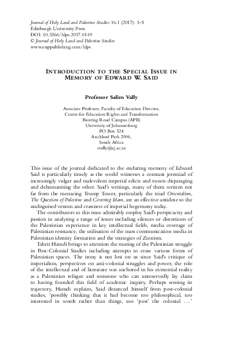 INTRODUCTION TO THE SPECIAL ISSUE IN MEMORY OF EDWARD W. SAID