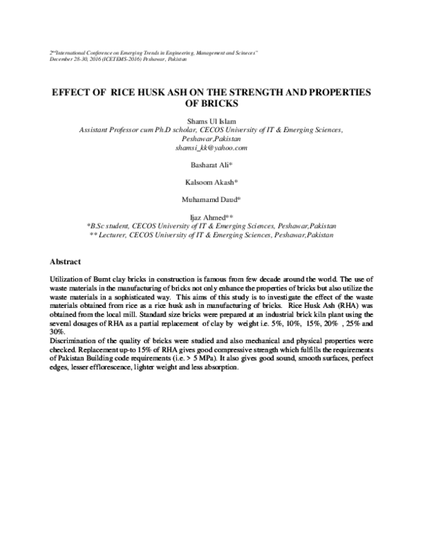 (PDF) EFFECT OF RICE HUSK ASH ON THE STRENGTH AND PROPERTIES OF BRICKS