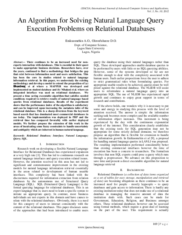 (PDF) An Algorithm for Solving Natural Language Query Execution ...