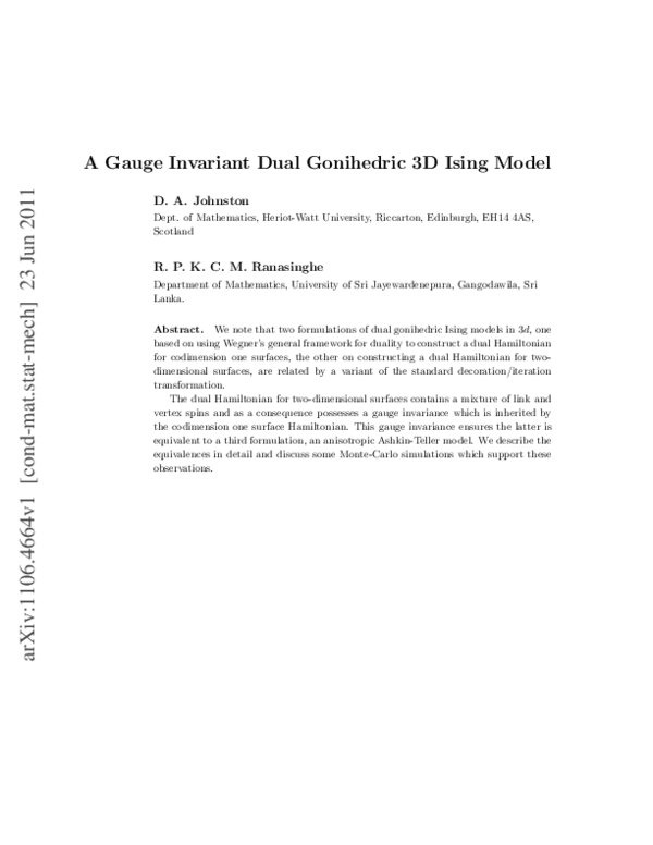 (PDF) A Gauge Invariant Dual Gonihedric 3D Ising Model