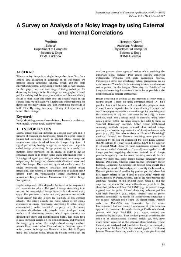 (PDF) A Survey on Analysis of a Noisy Image by using External and ...