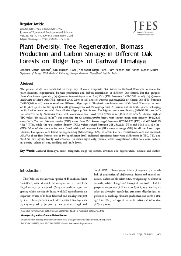 (PDF) Plant Diversity, Tree Regeneration, Biomass Production and Carbon ...