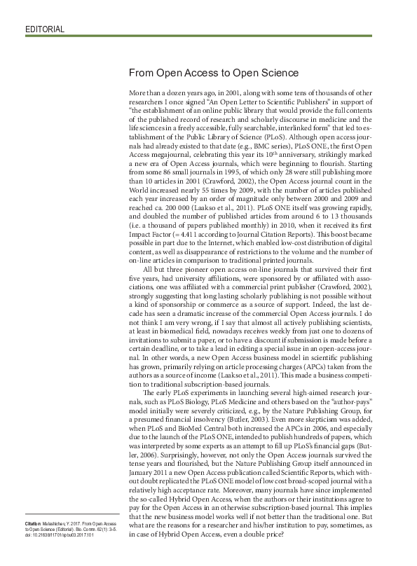 (PDF) From Open Access to Open Science. Editorial for the first issue ...