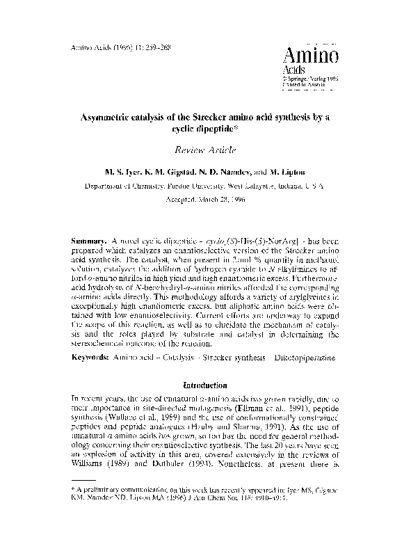 (PDF) Asymmetric catalysis of the Strecker amino acid synthesis by a ...
