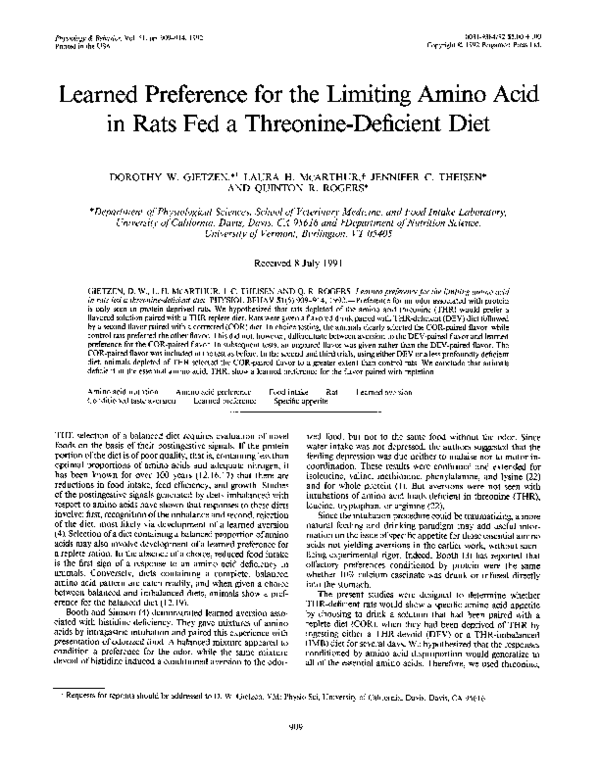 (PDF) Learned preference for the limiting amino acid in rats fed a ...