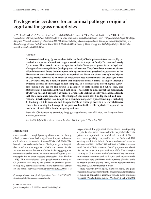 (PDF) Phylogenetic evidence for an animal pathogen origin of ergot and ...