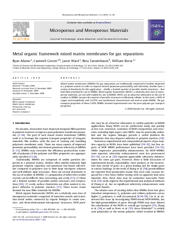 (PDF) Metal organic framework mixed matrix membranes for gas separations