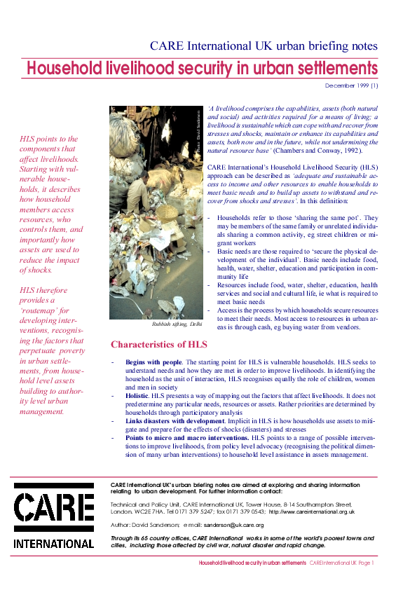 (PDF) Household livelihood security in urban settlements CARE ...