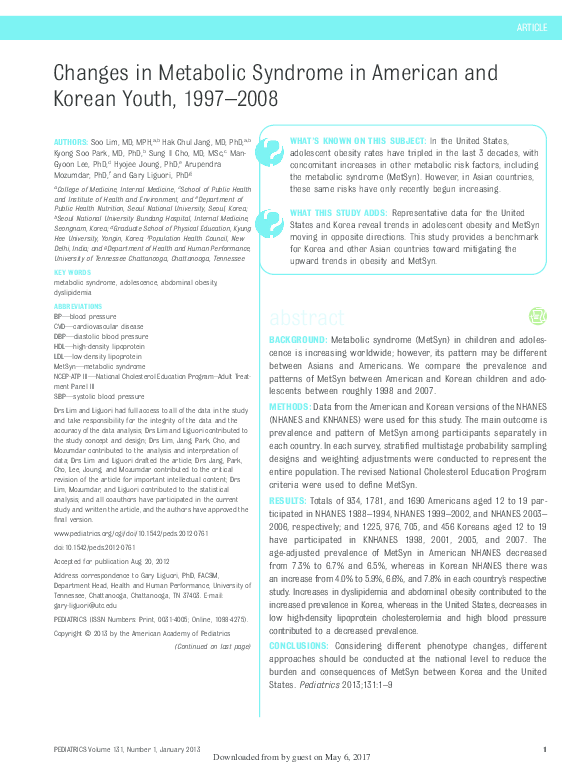 (PDF) Changes in Metabolic Syndrome in American and Korean Youth, 1997-2008