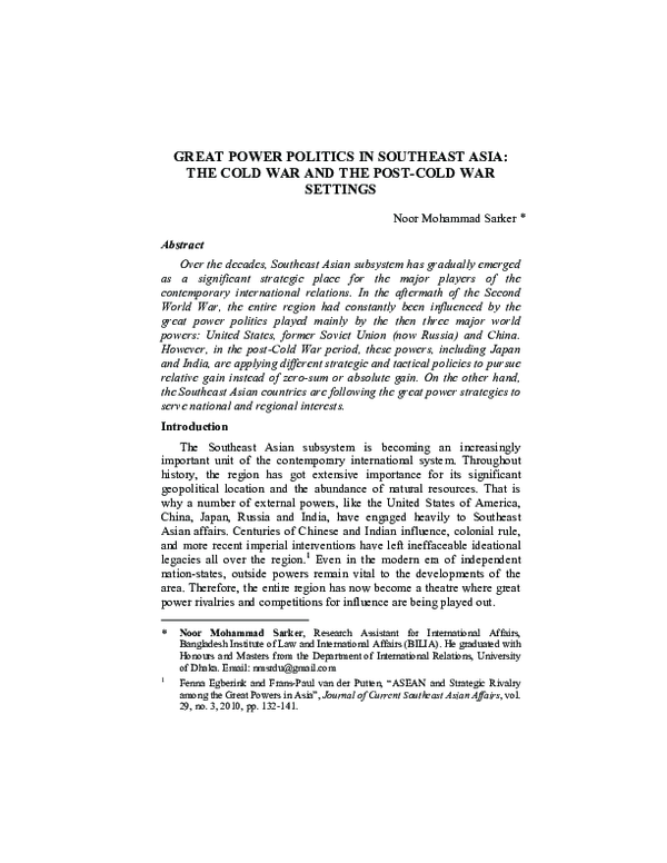 (PDF) GREAT POWER POLITICS IN SOUTHEAST ASIA: THE COLD WAR AND THE POST ...