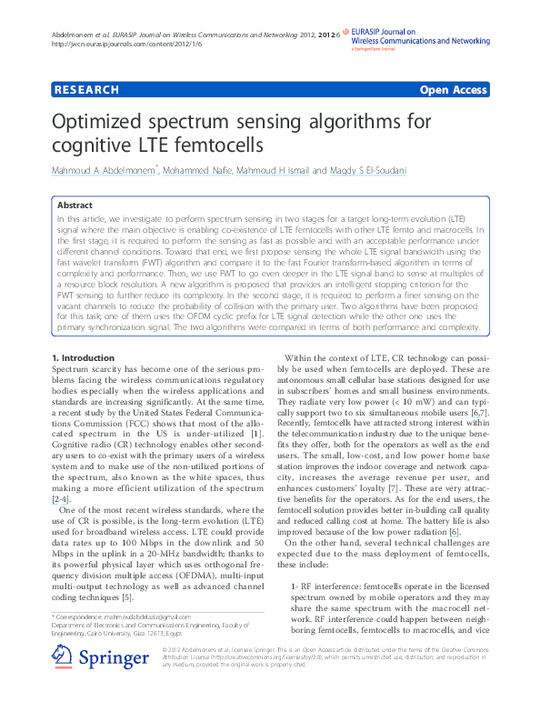 (PDF) Optimized spectrum sensing algorithms for cognitive LTE femtocells