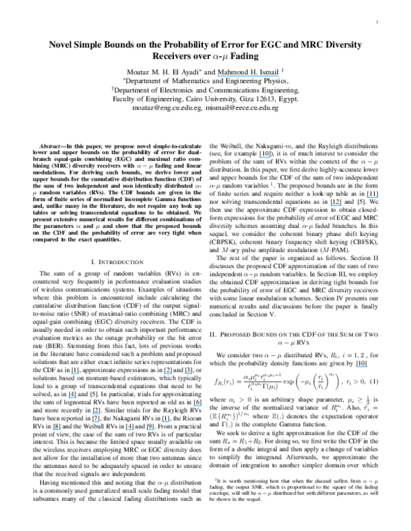 (PDF) Novel simple bounds on the probability of error for EGC and MRC ...