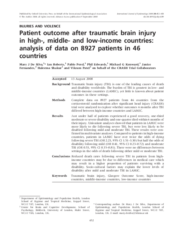 (PDF) Patient outcome after traumatic brain injury in high-, middle-and ...