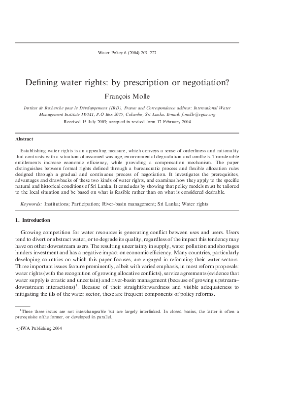 (PDF) Defining water rights: by prescription or negotiation?