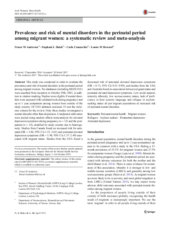 (PDF) Prevalence and risk of mental disorders in the perinatal period ...