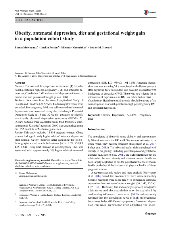 (PDF) Obesity, antenatal depression, diet and gestational weight gain