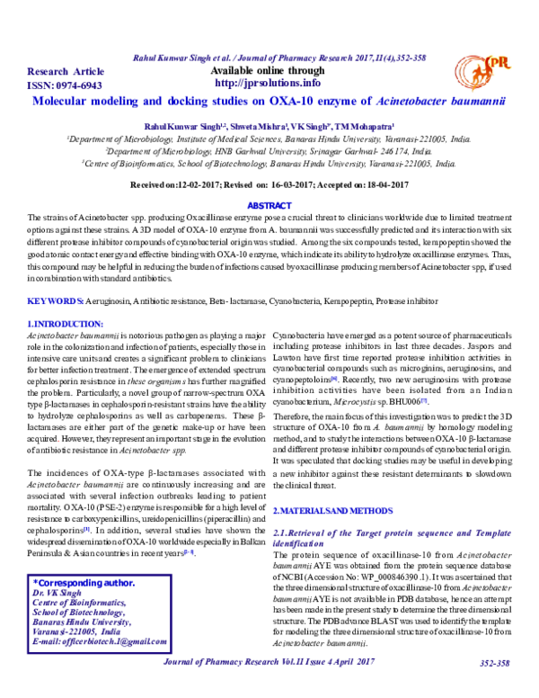 (PDF) Molecular modeling and docking studies on OXA10 enzyme of