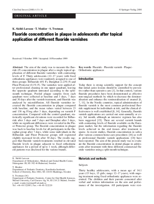 (PDF) Fluoride concentration in plaque in adolescents after topical