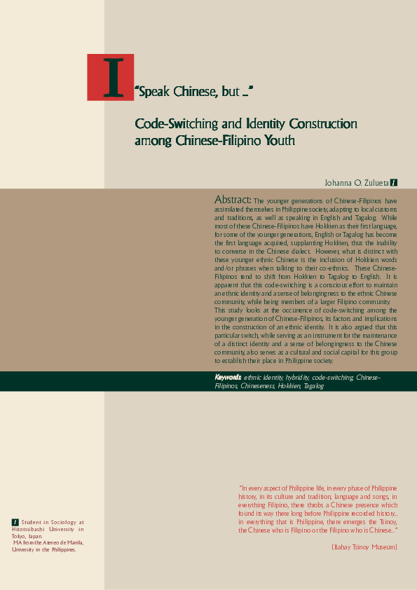 Pdf I Speak Chinese But Code Switching And Identity Construction Among Chinese Filipino Youth Johanna O Zulueta Academia Edu