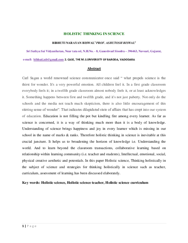 (PDF) HOLISTIC THINKING IN SCIENCE