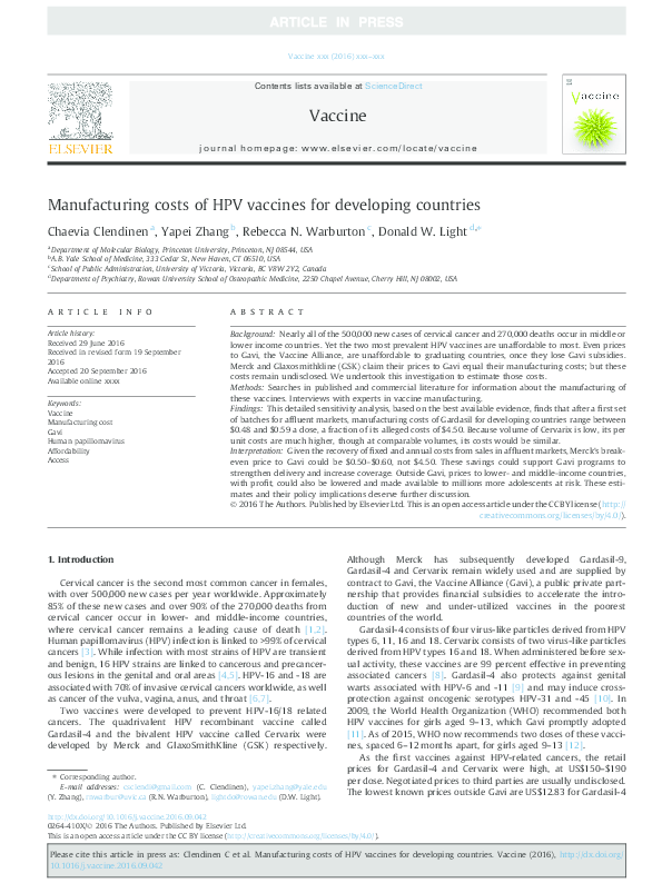 (PDF) Manufacturing costs of HPV vaccines for developing countries