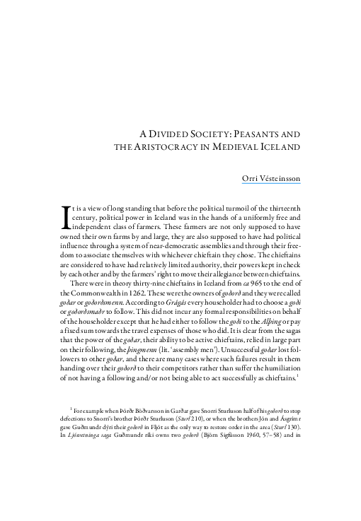 A Divided Society: Peasants and the Aristocracy in Medieval Iceland