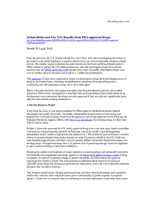 (DOC) Serious Risks and Few New Benefits from FDA-approved Drugs