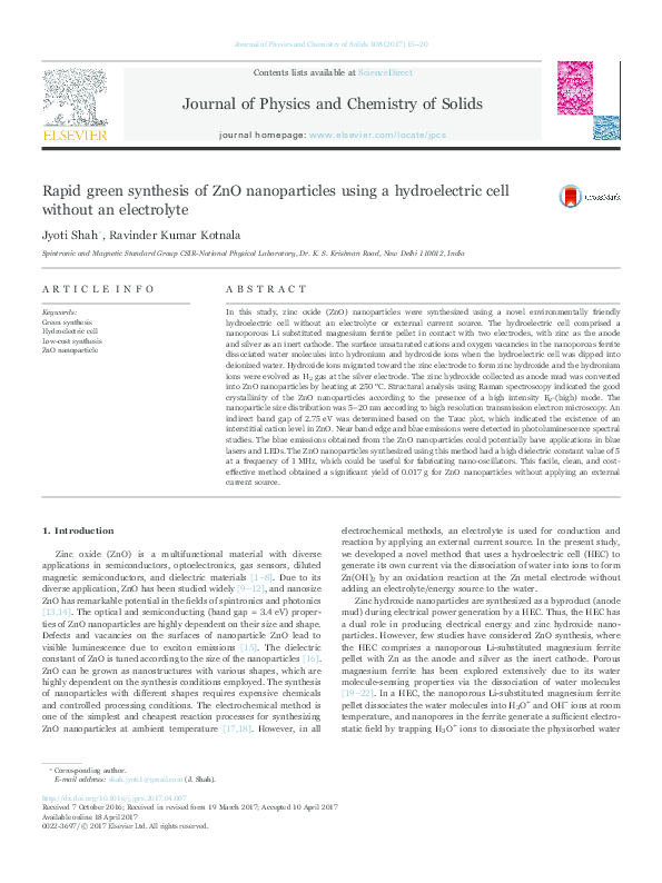 (PDF) Rapid green synthesis of ZnO nanoparticles using a hydroelectric ...