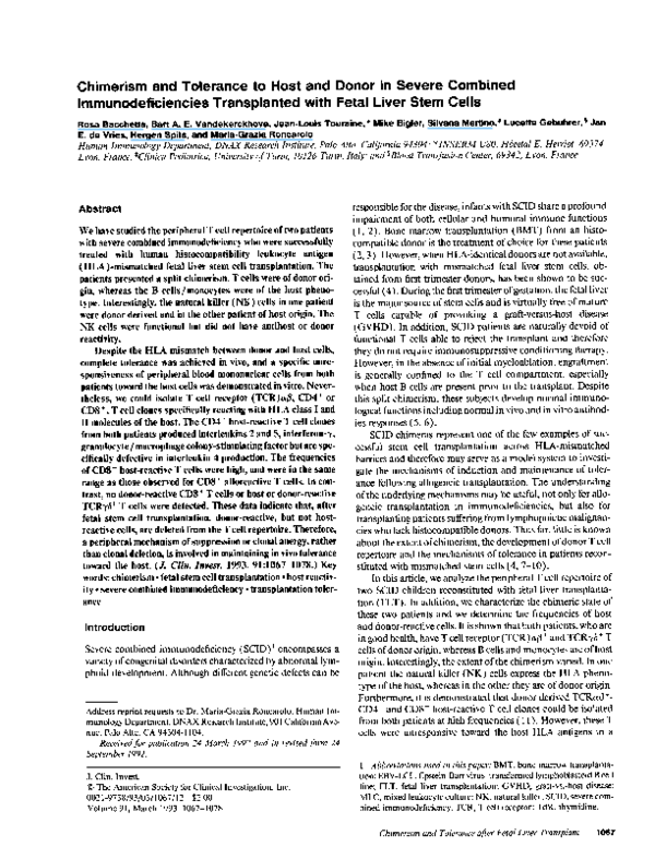 Chimerism and tolerance to host and donor in severe combined ...