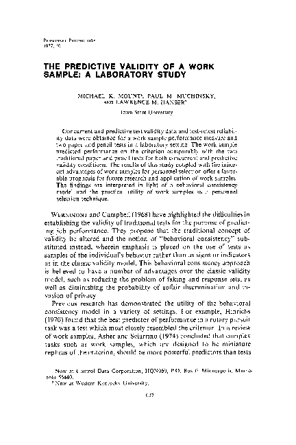 (PDF) The Predictive Validity of a Work Sample: A Laboratory Study