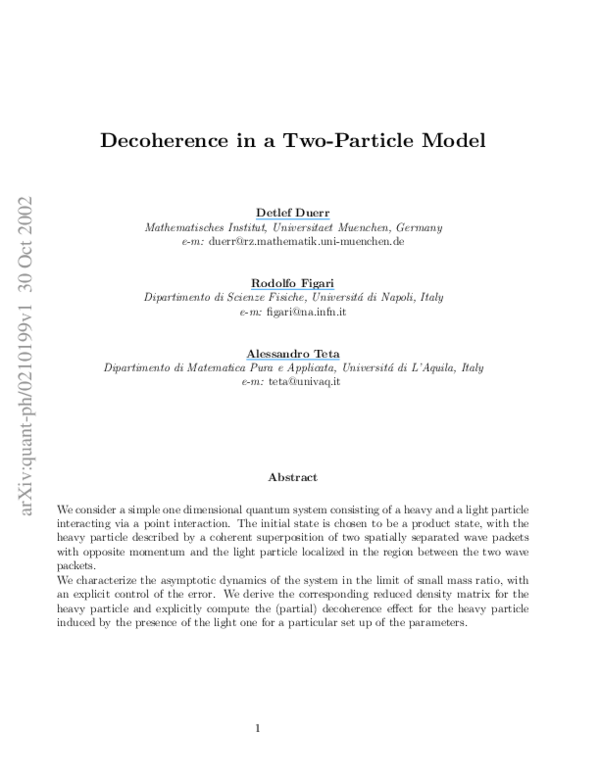 (PDF) Decoherence in a two-particle model