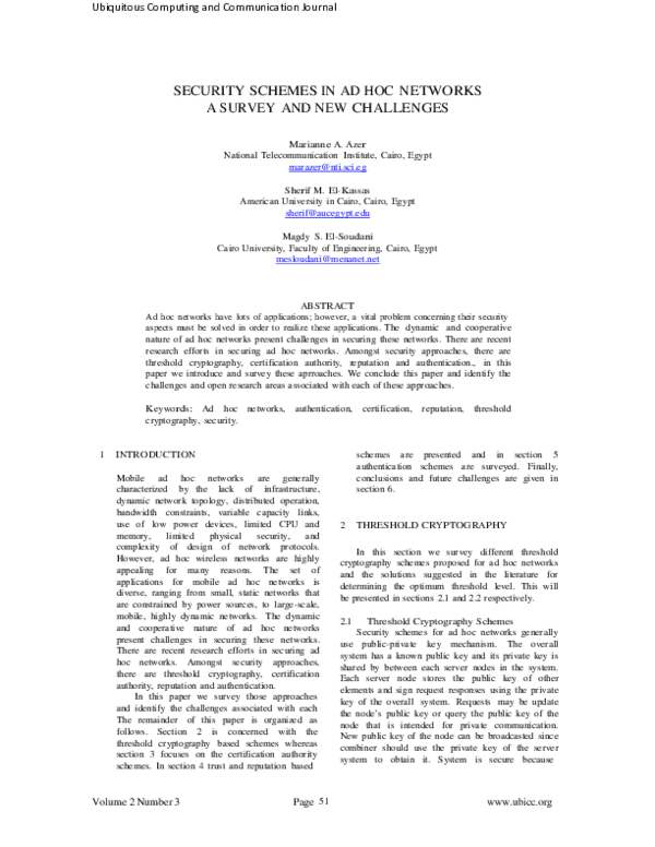 (PDF) Security Schemes in Ad Hoc Networks a Survey and New Challenges