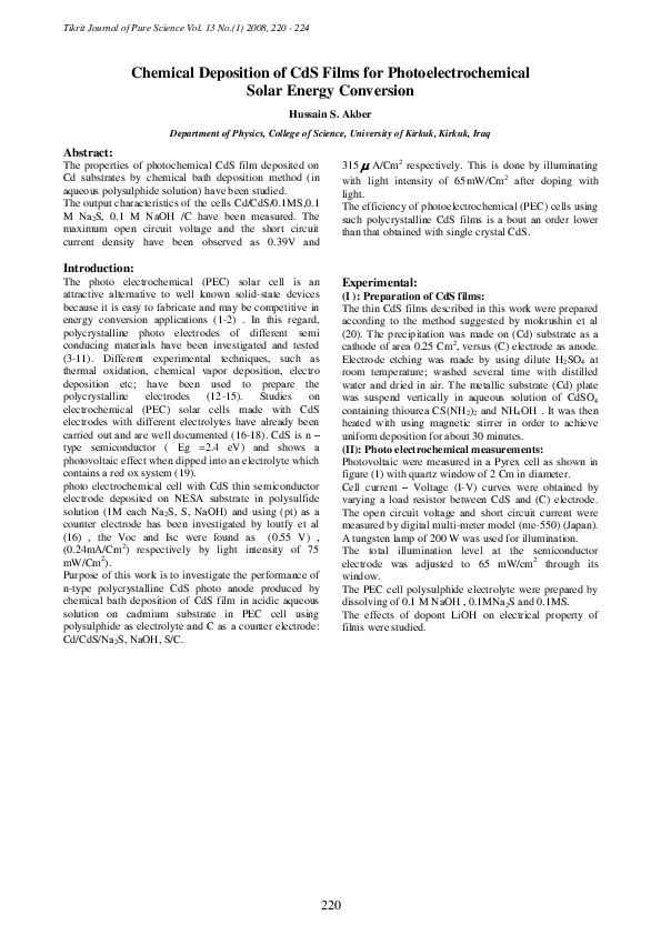 (PDF) Chemical Deposition of CdS Films for Photoelectrochemical Solar ...