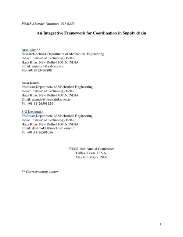 (PDF) An Integrative Framework for Coordination in Supply chain