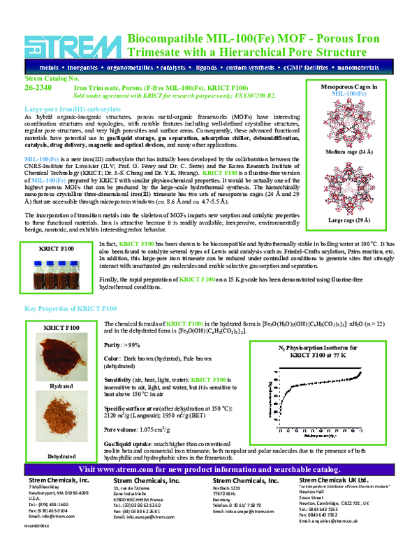 (PDF) Biocompatible MIL-100(Fe) MOF -Porous Iron Trimesate with a ...