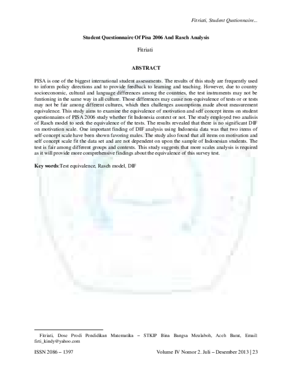 (PDF) Student Questionnaire of PISA 2006 and Rasch Analysis