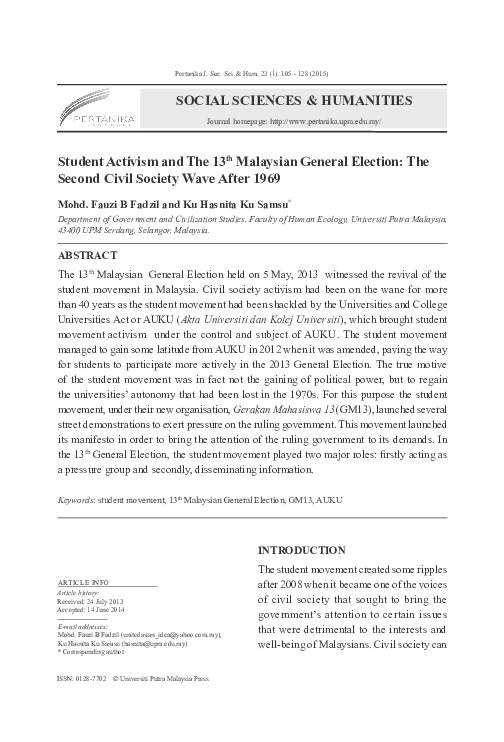 Pdf Student Activism And The 13 Th Malaysian General Election The Second Civil Society Wave After 1969 Mohd Fauzi Fadzil Academia Edu