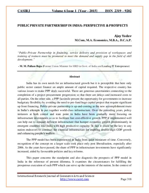 (PDF) PUBLIC PRIVATE PARTNERSHIP IN INDIA: PERSPECTIVE & PROSPECTS