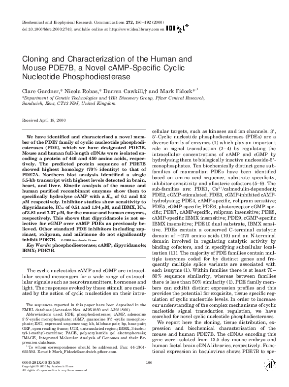 (PDF) Cloning and Characterization of the Human and Mouse PDE7B, a ...