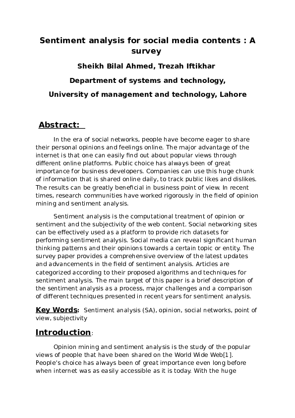 (DOC) Sentiment analysis for social media contents : A survey