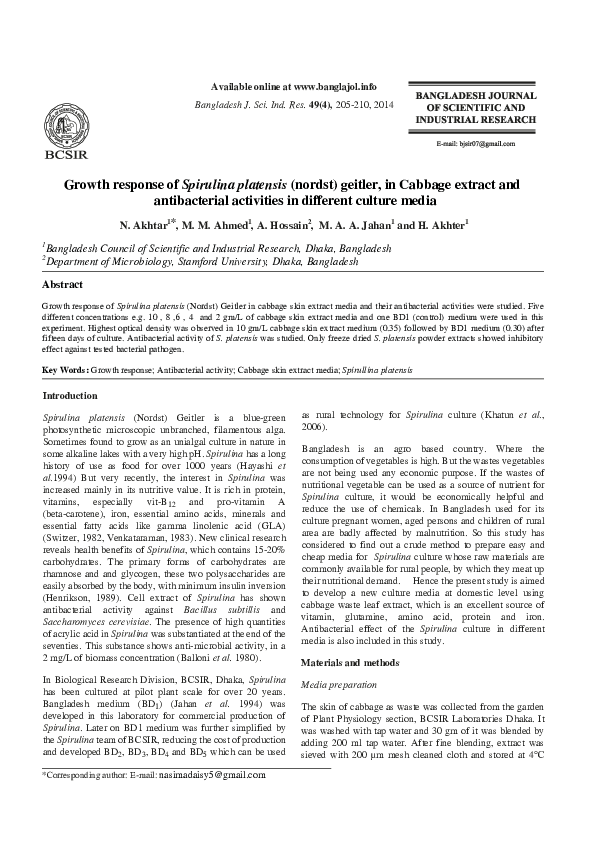 (PDF) Growth response of Spirulina platensis (Nordst) Geitler, in ...