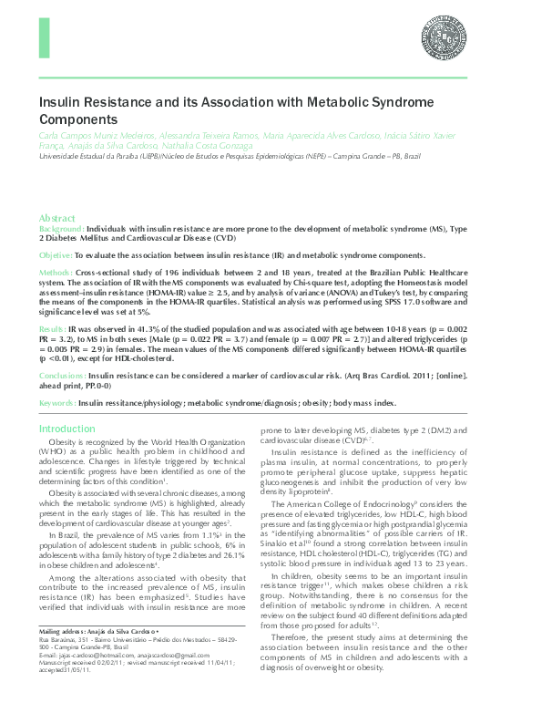 (PDF) Insulin Resistance and its Association with Metabolic Syndrome