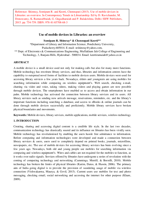 (PDF) Use of mobile devices in Libraries: an overview