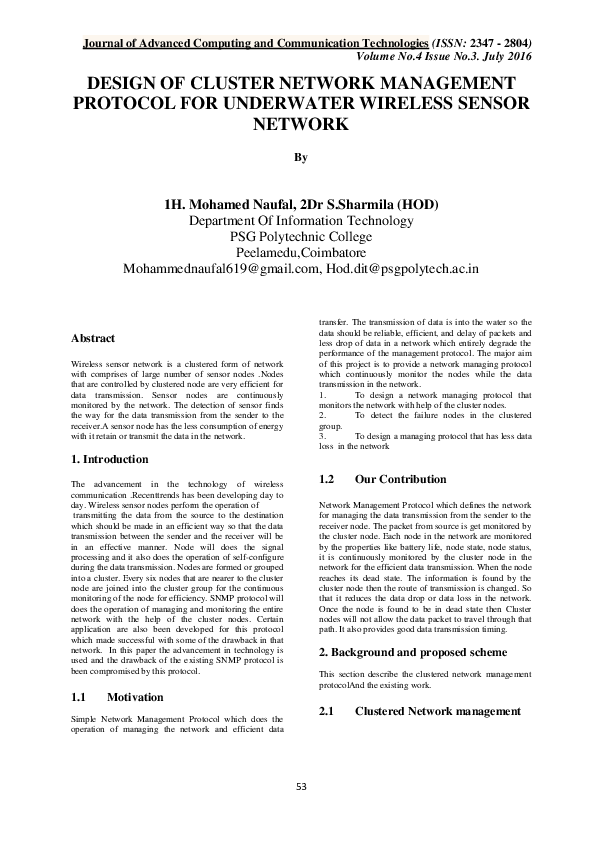 (PDF) DESIGN OF CLUSTER NETWORK MANAGEMENT PROTOCOL FOR UNDERWATER