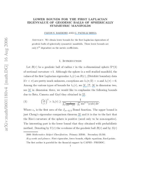 (PDF) Lower bounds for the first Laplacian eigenvalue of geodesic balls ...