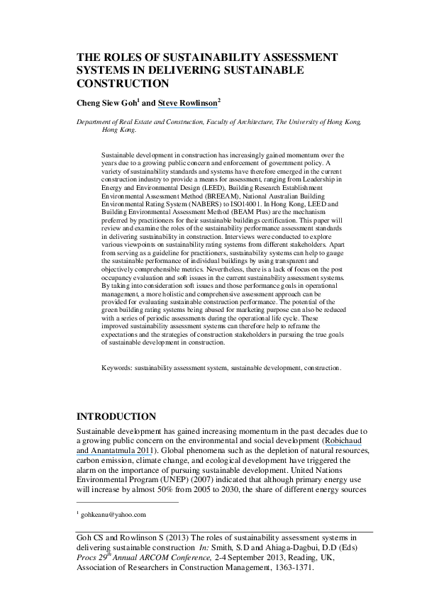 (PDF) The roles of sustainability assessment systems in delivering ...