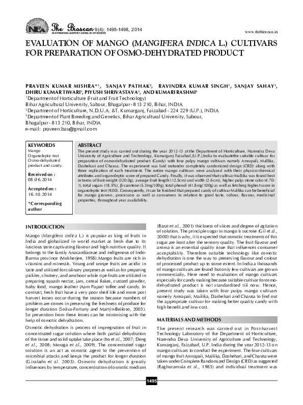 (PDF) EVALUATION OF MANGO (MANGIFERA INDICA L.) CULTIVARS FOR PREPARATION OF OSMODEHYDRATED