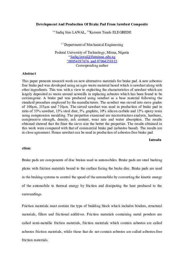 (DOC) Development And Production Of Brake Pad From Sawdust Composite